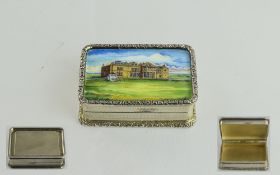 Scottish Silver Hinged Pill Box with Scenic Top Cover of a Famous Scottish Mansion In a Landscape.
