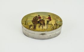 Elizabeth II Quality Dome Topped Large Hinged Silver Pill Box with Hunting Scene to Top Cover.