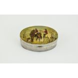 Elizabeth II Quality Dome Topped Large Hinged Silver Pill Box with Hunting Scene to Top Cover.