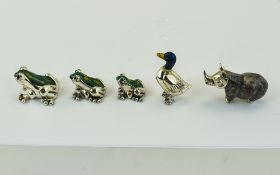 A Set of Miniature Silver and Enamel Frogs ( 3 ) In Total.