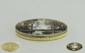A Silver Gilt and Enamel Oval Shaped Hinged Box of Superior Quality with Yellow Enamel Banding to