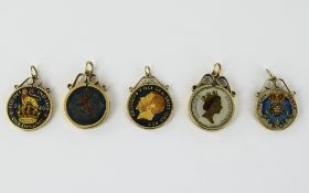 A Collection of Top Quality 9ct Gold Mounted Pendants with Finely Enamelled British Coins Within