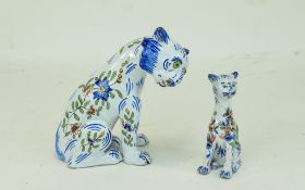 Delft Faience Cat/Stylised Lion Set With Green Glass Eyes, Height 7 Inches, Chips Around The Ears,