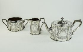 Victorian Nice Quality 3 Piece Silver Tea Service. With Stylised Etched, Engraving To Bodies.