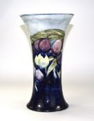 Moorcroft - Signed Tall Trumpet Shaped Vase. c.1920, Plums / Wisteria Pattern. Signed by William