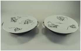 Johann Haviland Bavaria Papageno Design Pair Of Serving Bowls With Lids, Diameter 9.5 Inches
