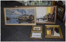 Collection Of 4 Framed Pictures, Parisian Oil On Canvas 43 x 17 Inches,