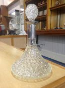 Moulded Glass Ships Decanter With White Metal Collar