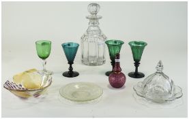 Collection Of Glass 10 Pieces Comprising Decanters, Coloured Glass Wine/Sherry Glasses etc