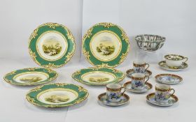 Small Mixed Lot Of Pottery, Comprising Five 19thC Cabinet Plates Highlighted Landscape Scenes,