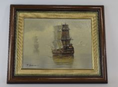 T. Garcia 20th Century Artist ' Galleon on Calm Waters ' Oil on Board. Signed, Mounted and Framed.