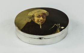 Contemporary Large Oval Shaped Silver Lidded Box with a Picture of The Artist Rembrandt to Cover.