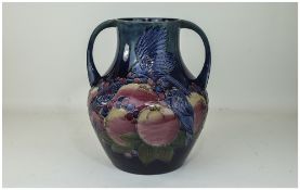 Moorcroft Huge, Impressive And Signed Twin Handled Vase 'Finches And Fruit' Design Blue Ground,