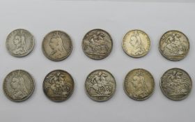 A Collection of Victorian Silver Crowns ( 10 ) In Total. Various Dates and Conditions.