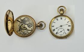 Antique Gold Plated Open Faced Pocket Watch, Features 15 Jewels, White Porcelain Dial,