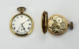 Swiss Made 1920's Gold Plated Open Faced Pocket Watch, Features White Porcelain Dial, 15 Jewels,