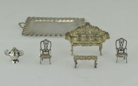 A Small Collection of Miniature Silver Furniture - All Fully Hallmarked for Silver + a Two Handled