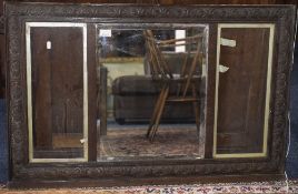 Early 20thC Carved Oak Frame With Central Bevelled Mirror Between 2 Glazed Panels, 26x40 Inches