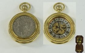 Franklin Mint Morgan Silver Dollar - Gold Plated Collectors Pocket Watch with Visible Escapement,
