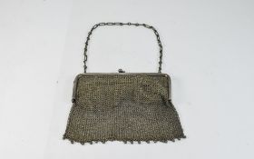 Edwardian Silver Mesh Purse / Bag with Attached Silver Chain.