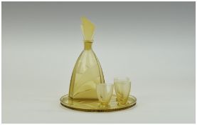 Stylish 1950's- Yellow Glass Decanter, Plus Tray and 3 Cups. Height of Decanter 9.5 Inches.