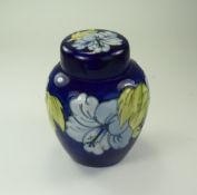 Moorcroft - Tubelined Lidded Ginger Jar ' Blue Hibiscus ' Design on Blue Ground. Signed In Green