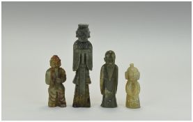 Collection Of Four Oriental Carved Soapstone Figures, Naively Carved, Warrior,