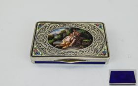 A Nice Quality European 19th Century Silver And Enamel Rectangle Shaped Hinged Box.