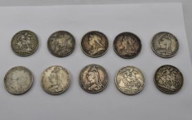 A Collection of Victorian and George III Silver Crowns ( 10 ) In Total.