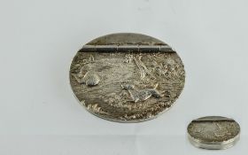 Elizabeth II Fine - Oval Shaped Silver Pill Box with Embossed Figural Decoration to Cover,