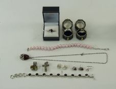 Mixed Lot Of Silver Jewellery, Comprising Rings, Pendants, Earrings, Pearl Bracelet etc, Set With