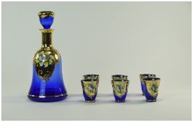 Murano / Venetian 1970's - Enamel and Painted Overlaid Blue Decanter with Matching Six Drinking