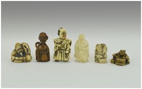 Collection Of Six Carved Ivory Figural Netsukes Five Signed To Base,