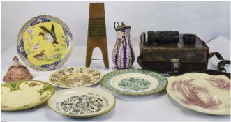 Mixed Lot Of Collectables Comprising Pottery Plates, Camera Lens, Wooden Foot Stand For Shoe