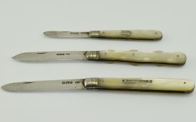 Victorian and Edwardian Silver Bladed and Mother of Pearl Handles Fruit Knives ( 3 ) In Total.