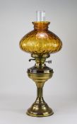 Early To Mid 20thC Brass Oil Lamp, Typical Form With Amber Coloured Glass Shade, Height 22 Inches