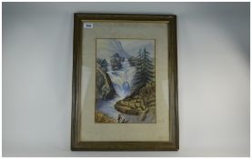 Continental Framed Watercolour, Mountain Landscape With Figure, Unsigned.