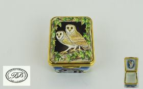 Bilston and Battersea Fine Enamel Box ' Owls ' Picture with Original Box. As New Condition.