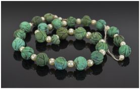 Bead Necklace Chinese Shou Design Carved Turquoise Necklace with Cultured Pearl Spacers.