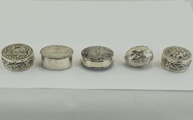 A Good Collection of Finely Embossed Silver Hinged Pill Boxes ( 5 ) In Total.