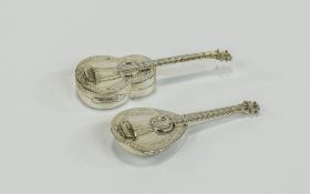 Elizabeth II Finely Detailed Pair of Hinged Pill Boxes, In The Form of Musical Instruments,