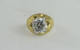 Gents 14ct Gold Gypsy Set Single Stone White Sapphire Ring. marked 14ct. Sapphire Over 3.5 ct.