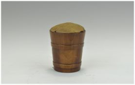 A Vintage Treen Pin Cushion In The Form Of A Banded Wooden Barrel, 3'' High