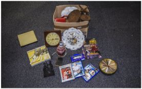 Misc Box Of Oddments & Collectables, Kitchen Scales, Diecast, Wooden Figure, Wall clocks etc