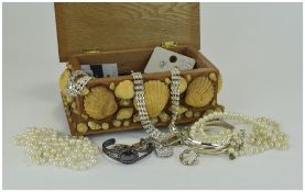American Wooden and Applied Shell Jewellery Casket Containing Assorted Costume Jewellery.