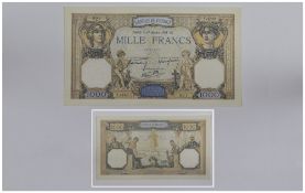 Banque de France 1000 Mille Francis Large Bank Note. Paris 27 Octobre 1938. Y4743 801.