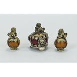 Small Oriental Incense Burner Red Body Covered In White Metal With Three Lion Masks,
