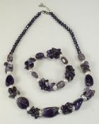 Amethyst and White Fresh Water Pearl Necklace and Bracelet Set, smooth tumble beads and nuggets of