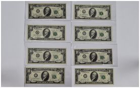 United States Collection of Eight 10 Dollar Bills. Series 1960-1995. Mint/ Uncirculated Condition.