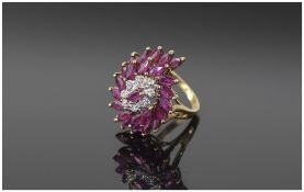 18 Carat old Set Rubies and Diamond Stylish Cluster Ring from the 1970's.